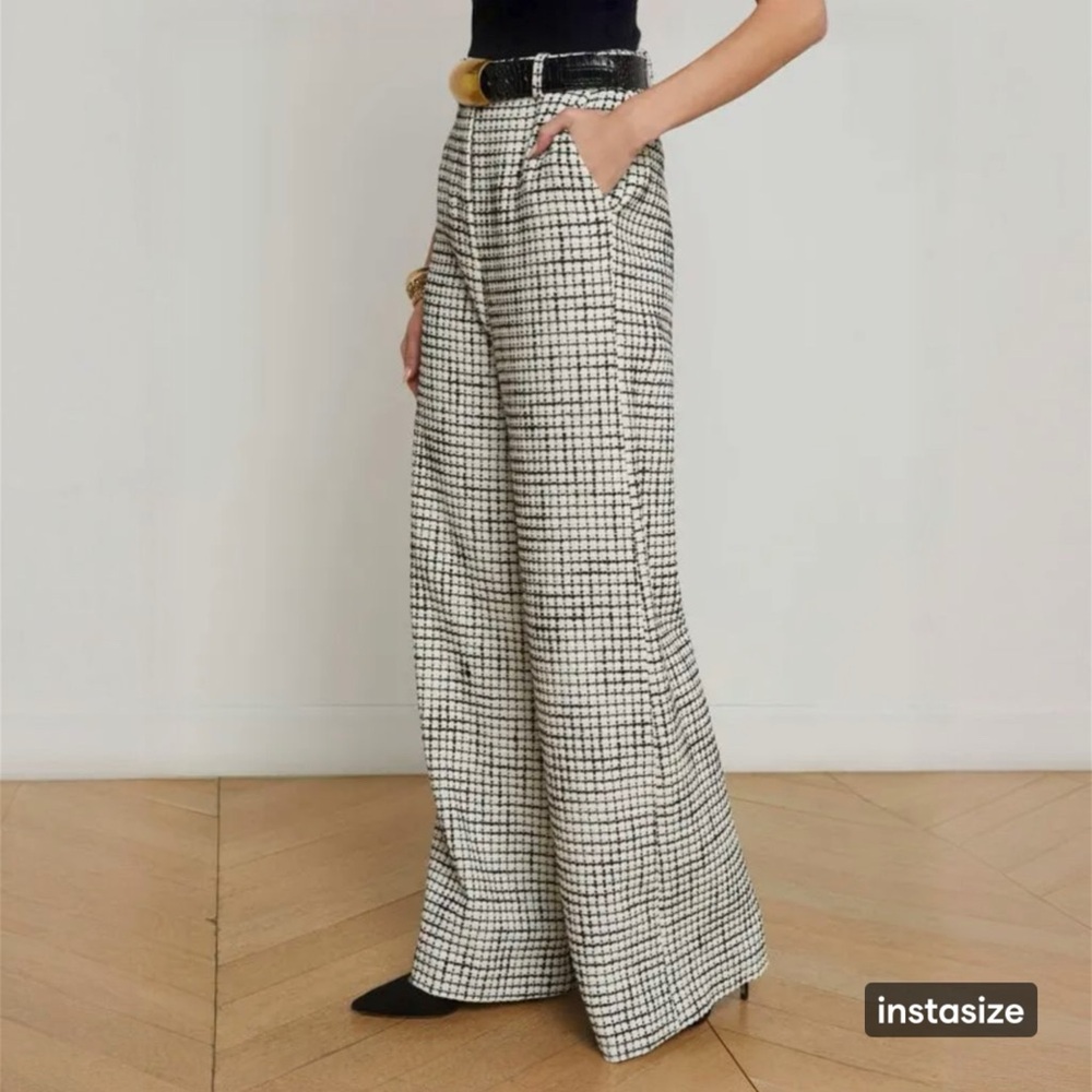 L'AGENCE Black and White Houndstooth Wide-Leg Trousers